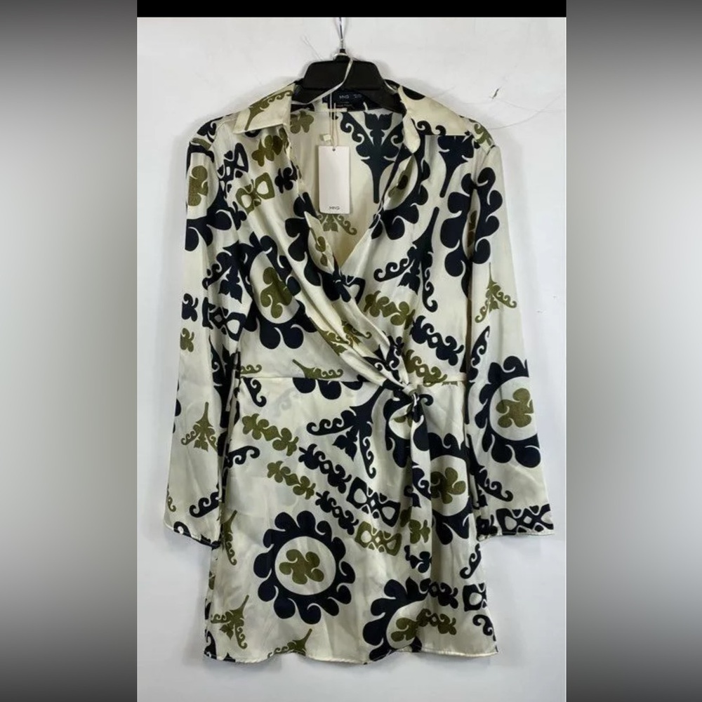NWT Mango Womens Multicolor Abstract Collared Long Sleeve Midi Wrap Dress Size 4